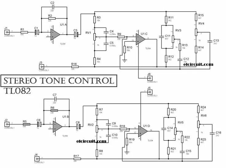 Tl084cn предварительный усилитель схема Stereo Tone Control Circuit uses TL084/ TL074 Audio amplifier, Hifi amplifier, C