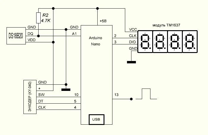 Tm919a 2 схема подключения Терморегулятор DS18B20 + TM1637 + энкодер ky-040 (Arduino) rcl-radio.ru Ардуино,