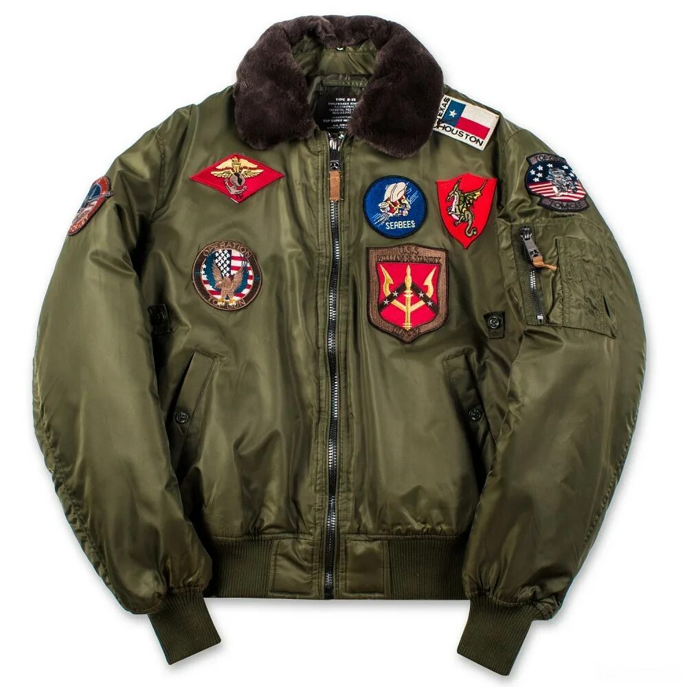 Top gun куртка мужская болоневая цена фото Top Gun Official B-15 Flight Bomber Jacket with Patches (оливковий) - Мода и сти