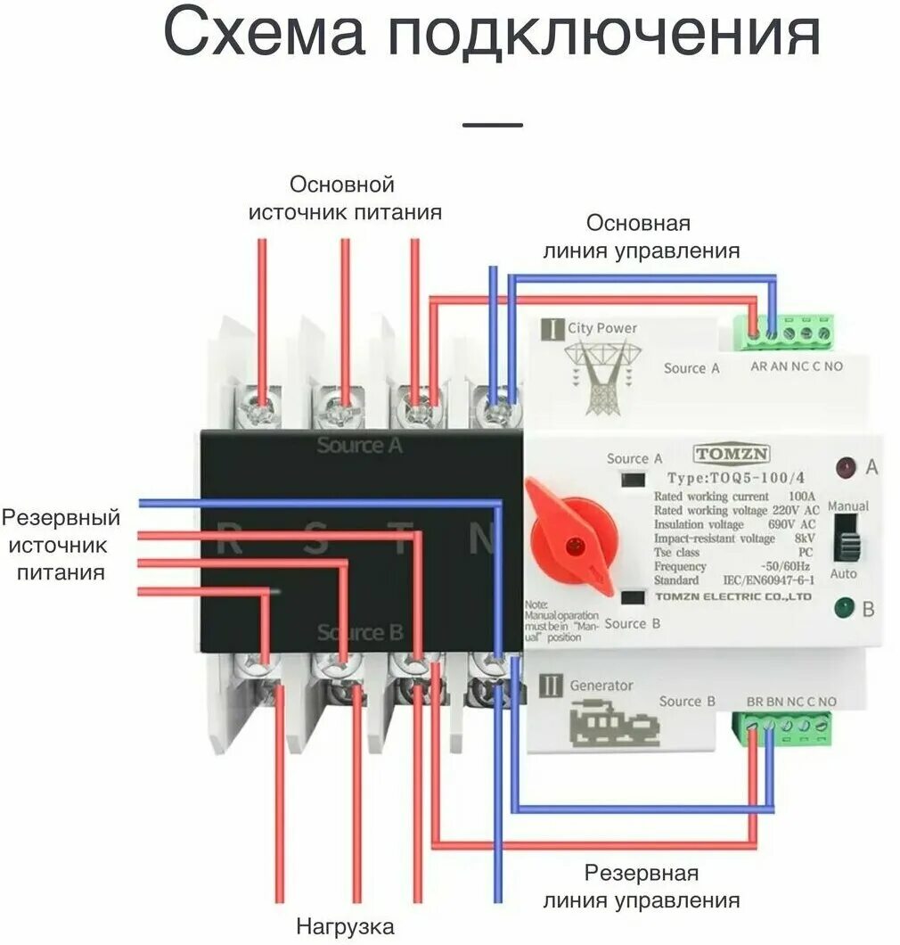 Toq5 100 4 схема подключения Автомат ввода резерва TOMZN TOQ5-100/4 - купить в интернет-магазине по низкой це