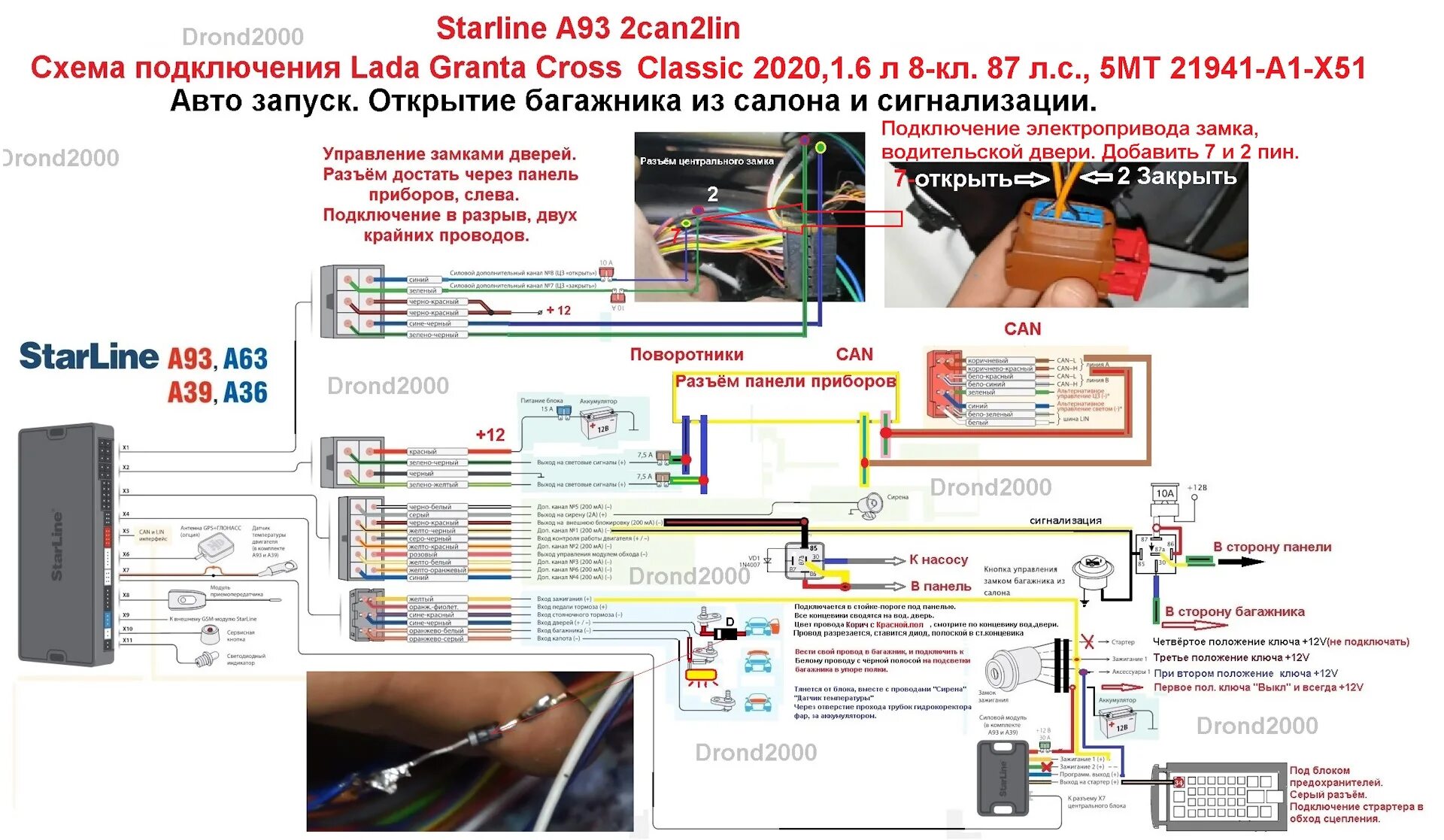 Toyota camry 2023 точки подключения starline a93v2 Установка сигнализации Starline A93 2can2lin. Полная Схема подключения Lada Gran