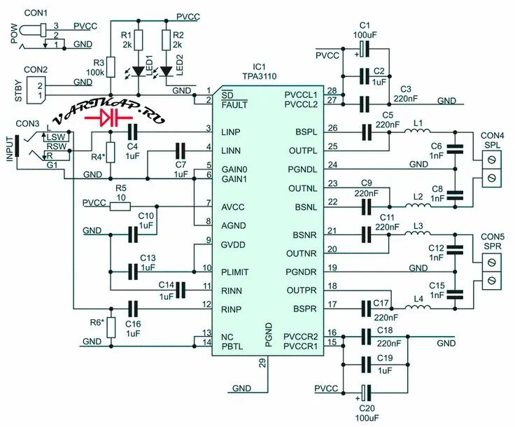 Tpa3110 схема усилителя Усилитель с чипом TPA3110