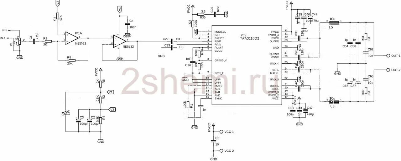 Tpa3116d2 схема усилителя Схема усилителя мощности звука D-класса на TPA3116D2