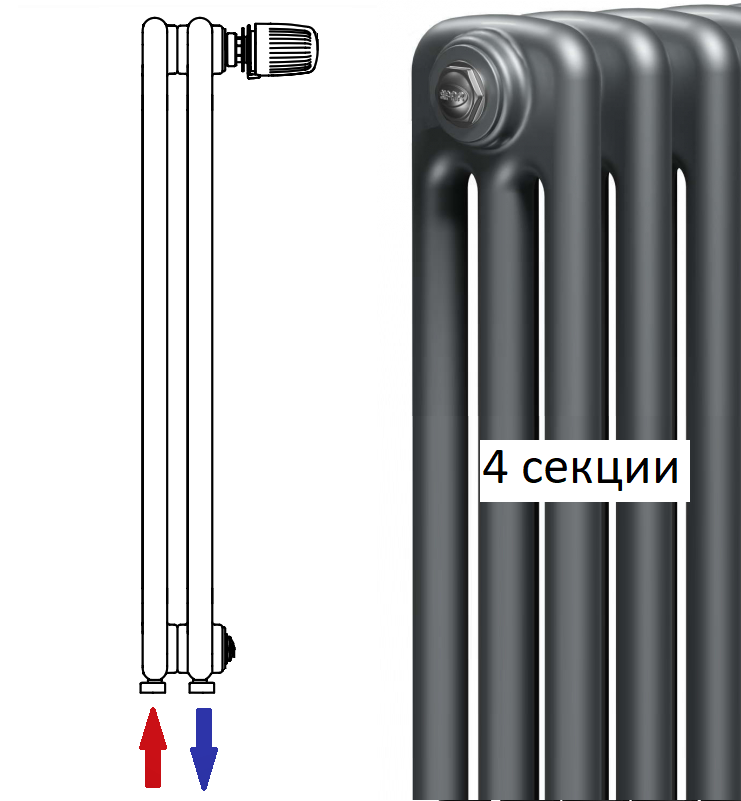 Tubog нижнее подключение Радиатор Rifar Tubog Ventil TUB-3180-4-DV1-TI (4 секции) серый цвет нижнее подкл