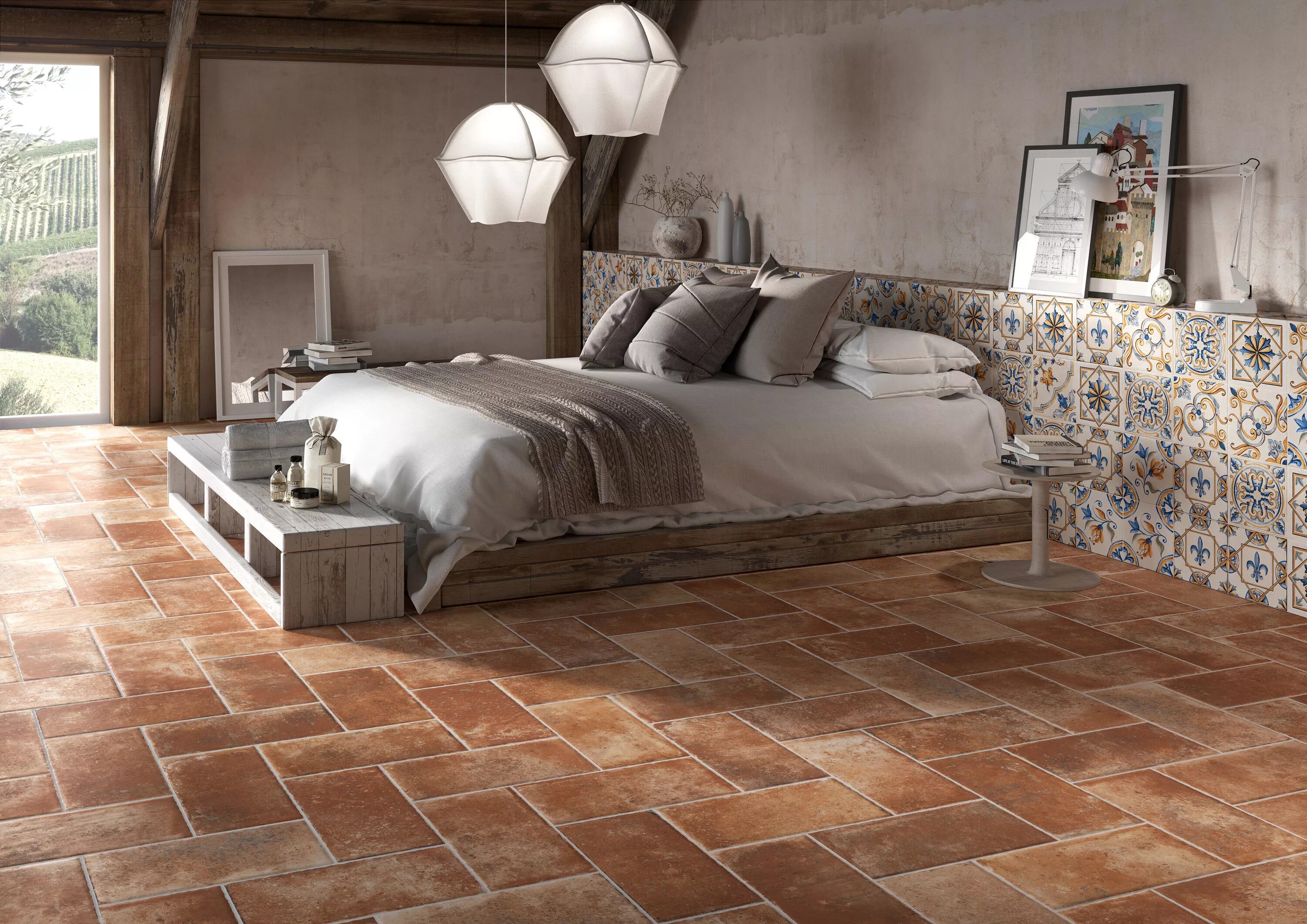 Tuscania meteora cotto сочетания в интерьере J87743 Decoro Giotto Mix 20,3x20,3 Керамогранит RHS (Rondine) Ceramiche, Италия 