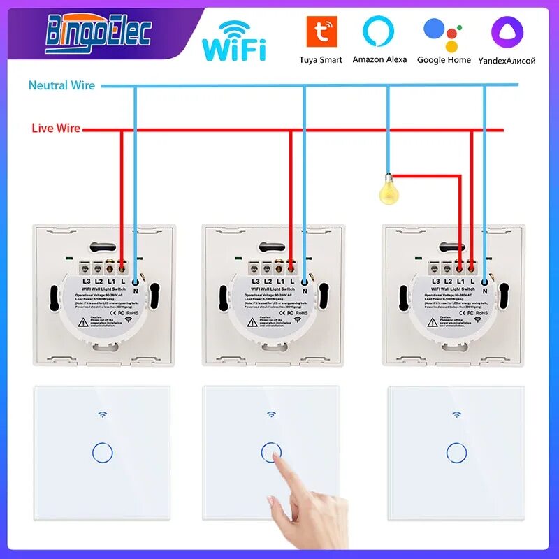 Tuya smart выключатель подключение Смарт-выключатель Bingoelec настенный сенсорный со стеклянными панелями, Wi-Fi, 