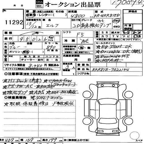 U3 в аукционном листе как выглядит ISUZU ELF TRUCK NKR81ED. Перевод аукционного листа USS Nagoya Лот № 11292