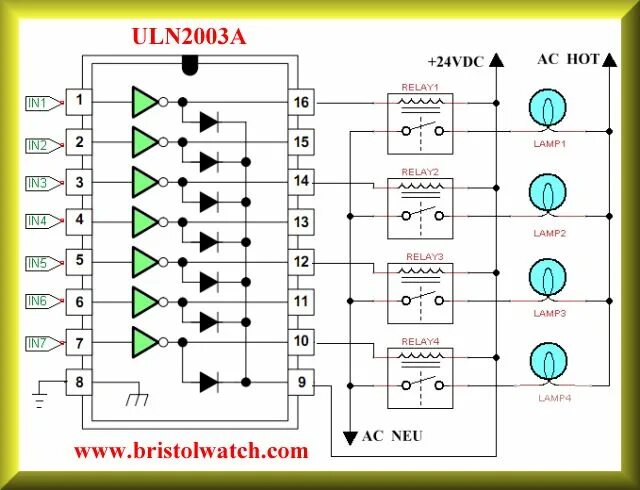 Uln2003apg схема подключения реле ULN2003A driving 4 24-volt relays to control 4 120VAC lamps. Electronics basics,