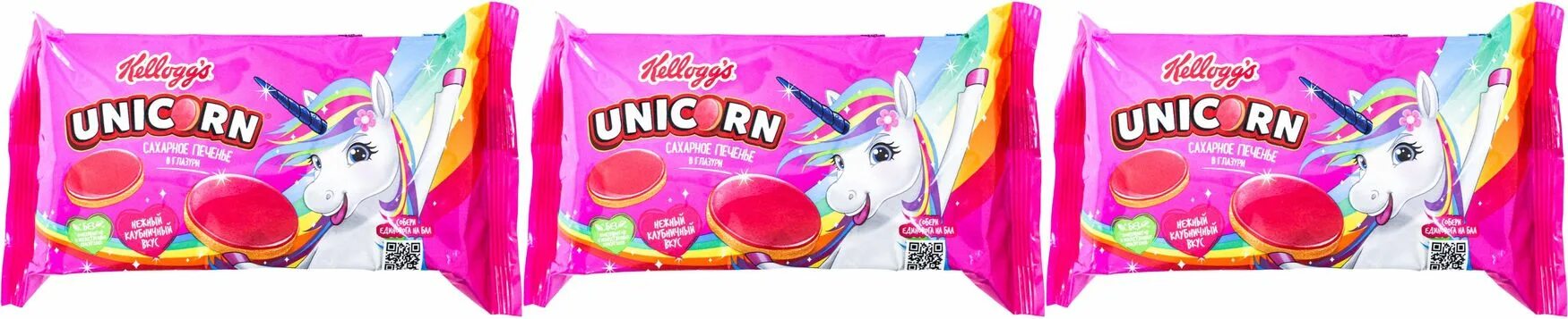 Unicorn печенье сахарное 105г фото Печенье Kellogg's Unicorn сахарное в глазури с клубникой, комплект: 3 упаковки п