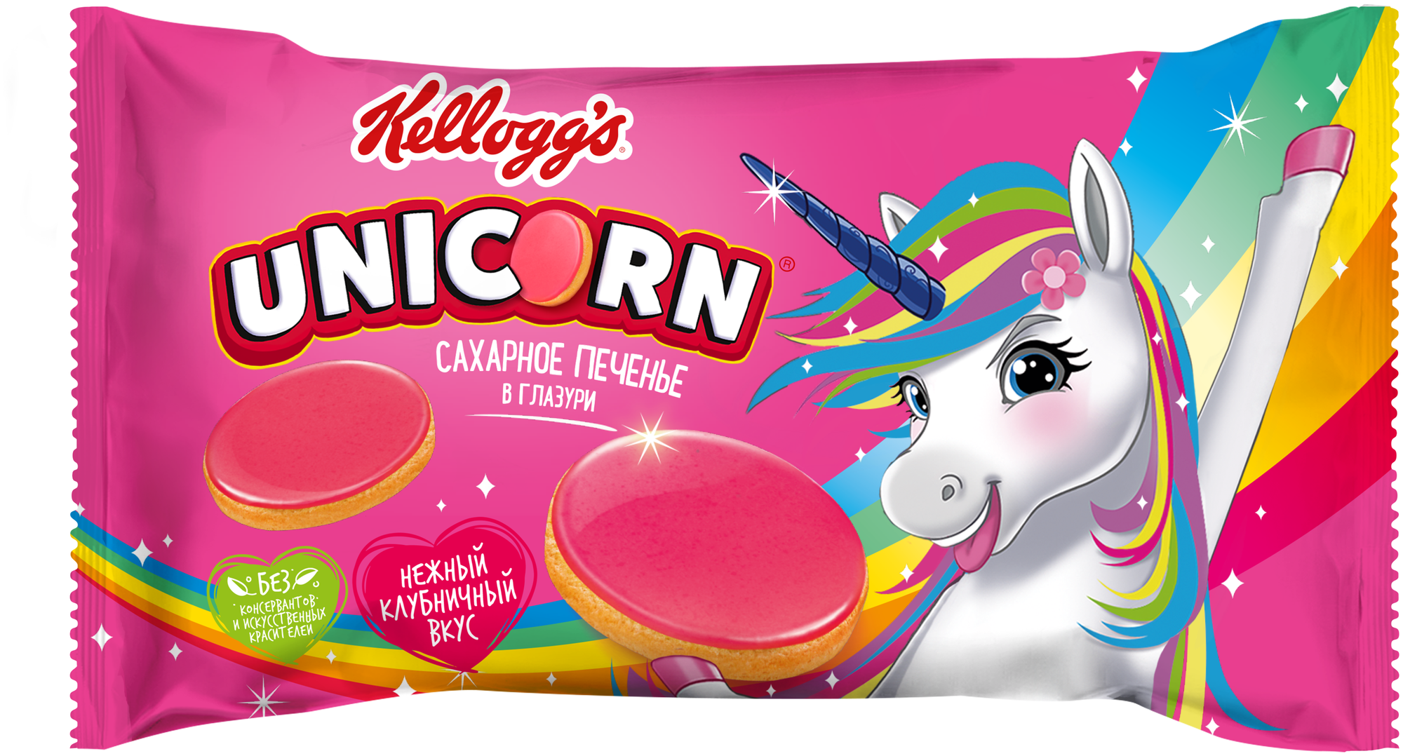 Unicorn печенье сахарное 105г фото Печенье Kellogg's Unicorn клубника клубничное сахарное в глазури, 105г - купить 