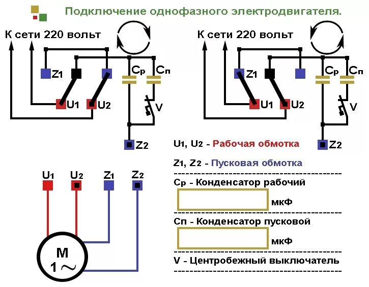 Us 52 схема подключения асинхронного двигателя Подключение однофазных электродвигателей.