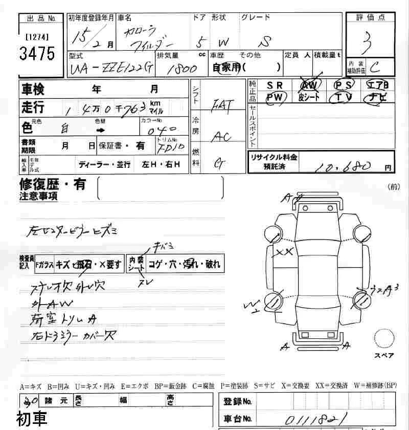 W2 в аукционном листе как выглядит TOYOTA COROLLA FIELDER ZZE122G. Перевод аукционного листа JU Aichi Лот № 3475