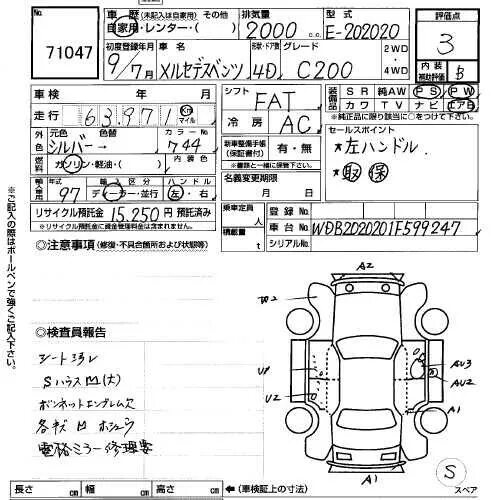 W2 в аукционном листе как выглядит MERCEDES BENZ BENZ 202020. Перевод аукционного листа USS Yokohama Лот № 71047