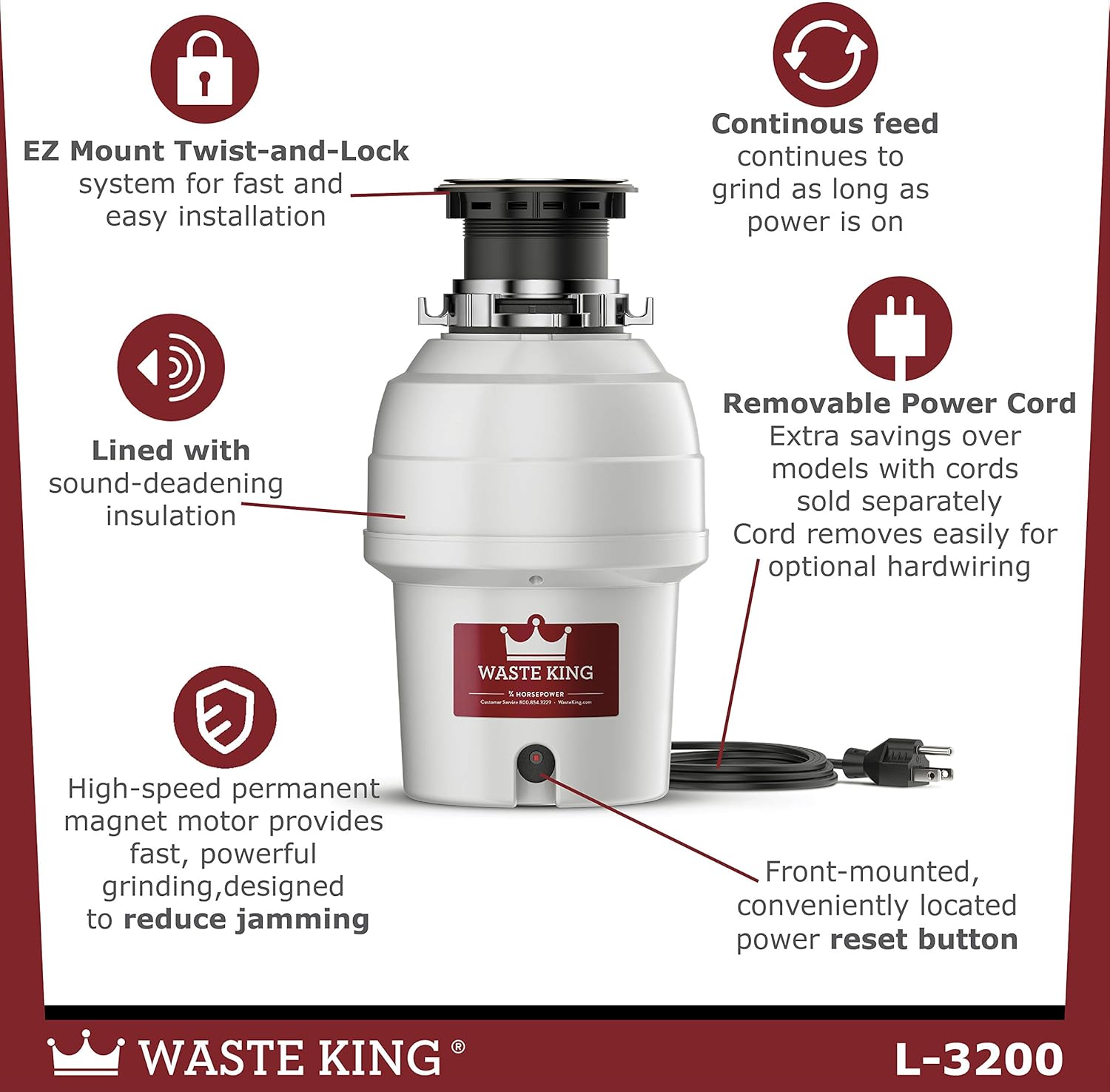 Waste king m 2000 3 подключение Waste King L-3200 Garbage Disposal with Power Cord, 3/4 HP , Gray - Food Waste D