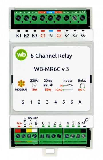 Wb mr6c v 3 схема подключения Модуль реле 6-канальный Wirenboard WB-MR6C v.3 купить в интернет-магазине Tinves