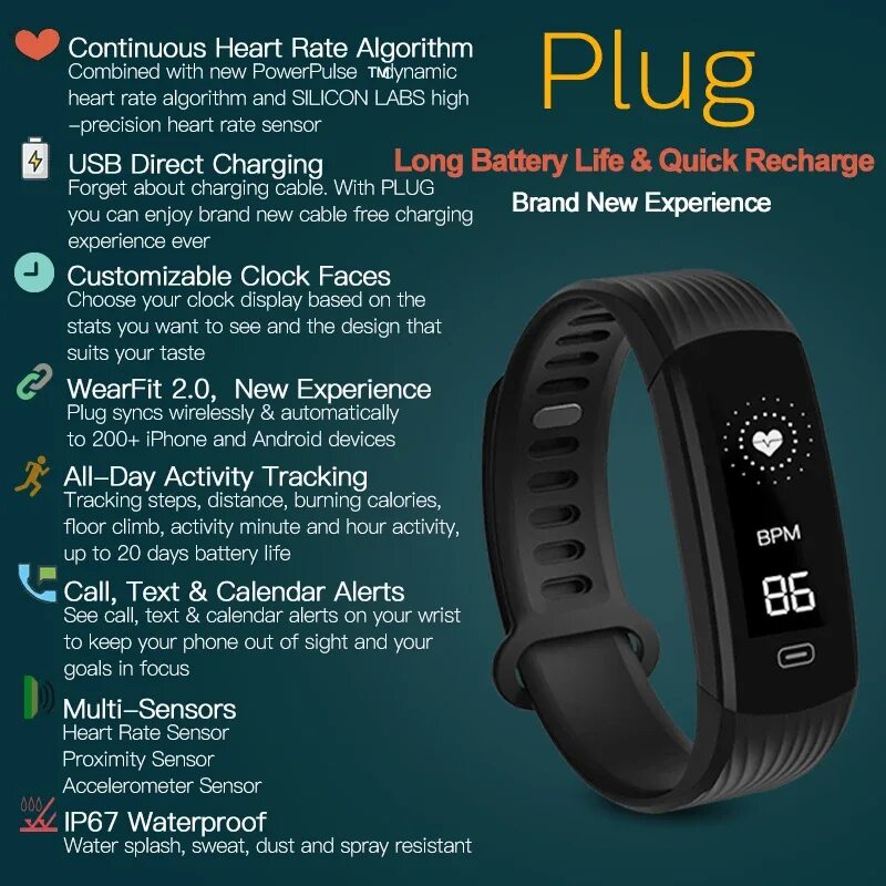 Wearfit pro как подключить к айфону Zeblaze Plug Smart Wristband Continuous Heart Rate Monitor Long Battery Life & Q