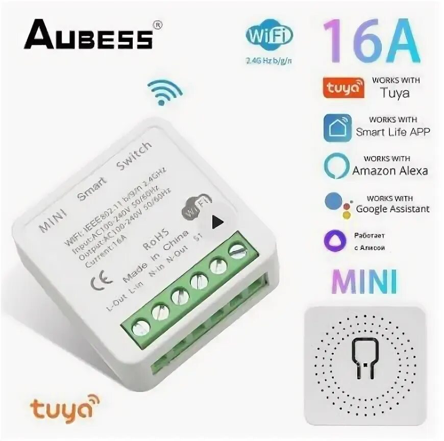 Wi fi реле tuya 16а подключение Умное Wi-Fi реле Mini Smart Switch Tuya Aubess 16A - работает с Яндекс Алисой - 