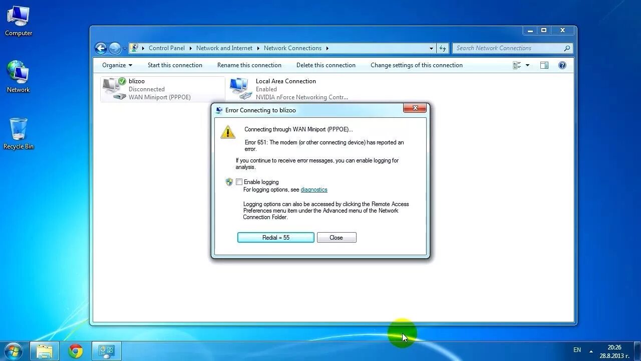 Windows 7 подключение к интернету ошибка Blizoo (Win 7): Error 651: The modem (or other connecting device) has reported a