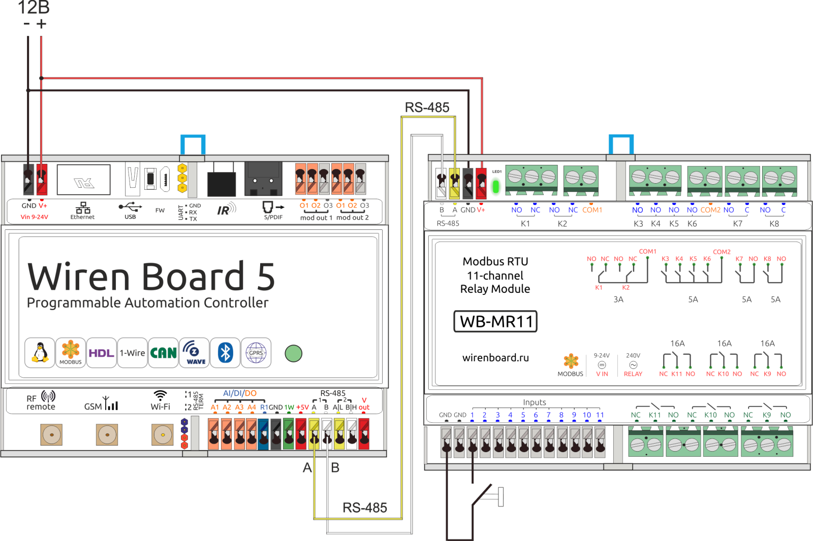 Wiren board 7 схема подключения проводов WB-MR11 модуль реле 11-канальный - Wiren Board