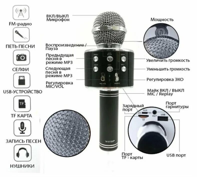 Ws 858 как подключить блютуз Беспроводной караоке микрофон со встроенной колонкой Чёрный - купить в интернет-