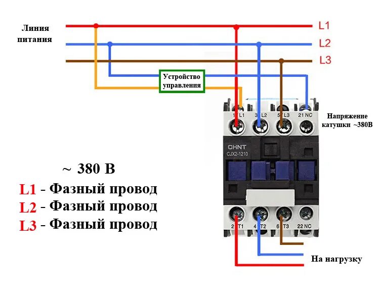 Ws55 220 схема подключения Контактор 3-х фазный 380В, 25А, 11кВт (11009)