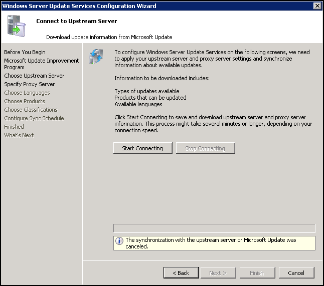 Wsus ошибка подключения The synchronization with the upstream server or Microsoft Update was cancelled -
