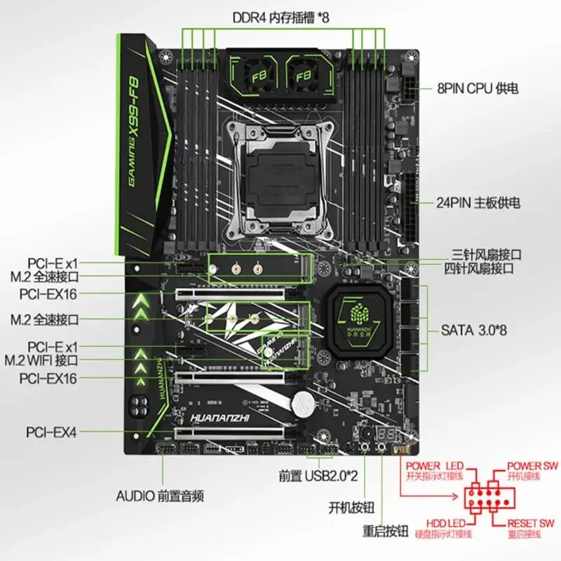 X99 f8 подключение передней панели Игровая материнская плата HUANANZHI X99-F8 для In-tel X99 LGA2011-3 всех серий D