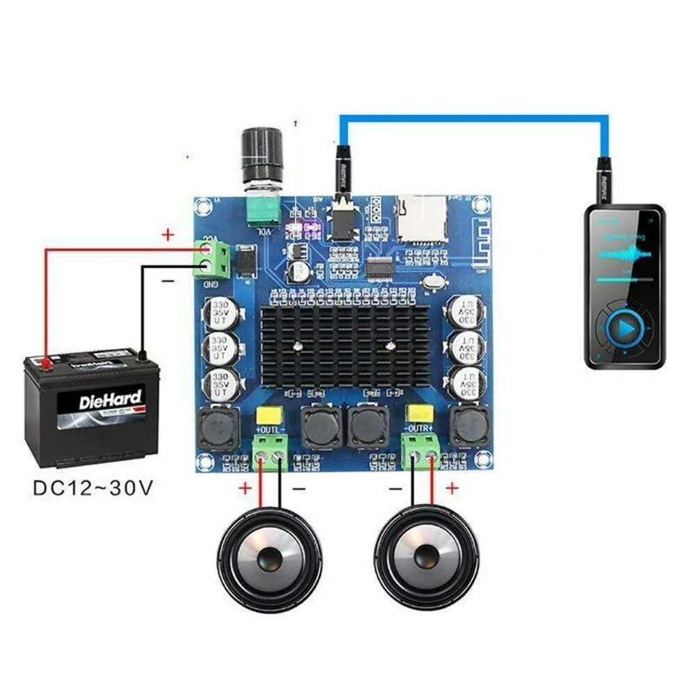 Xh a232 усилитель схема подключения Two-channel Stereo TF AUX Bluetooth 5.0 Amplifier AMP Module XH-A105 - купить по