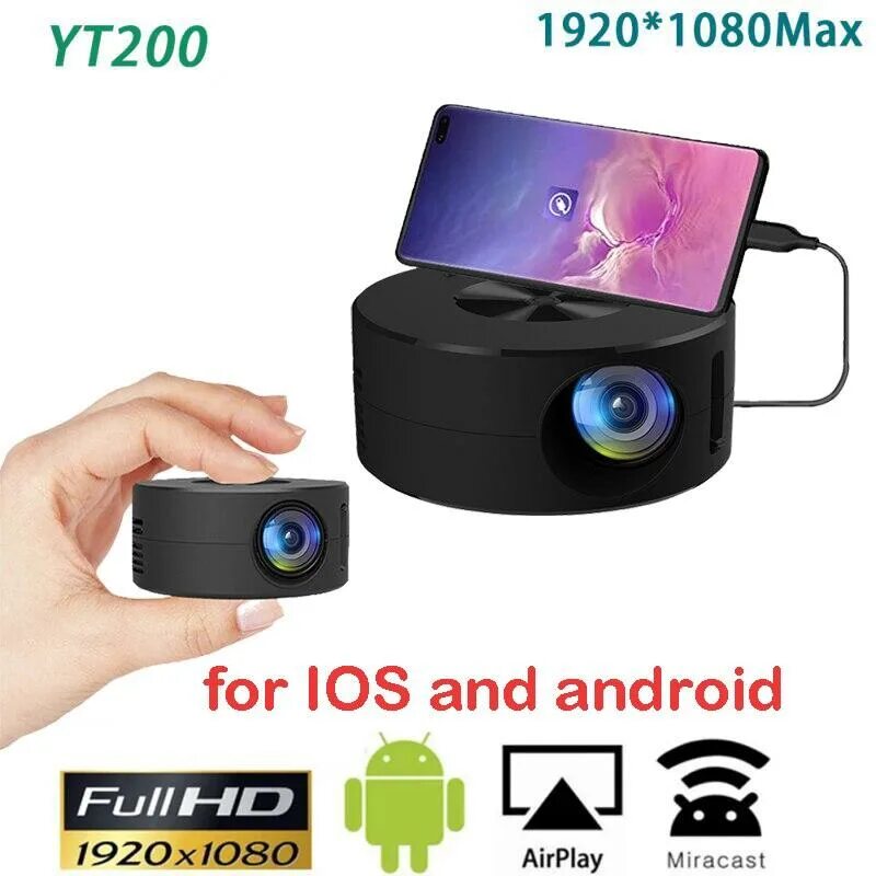 Yitan проектор yt100 1 подключение к телефону Yt200 Micro Проводной экранный проектор Светодиодный проектор 1920 * 1080 Поддер