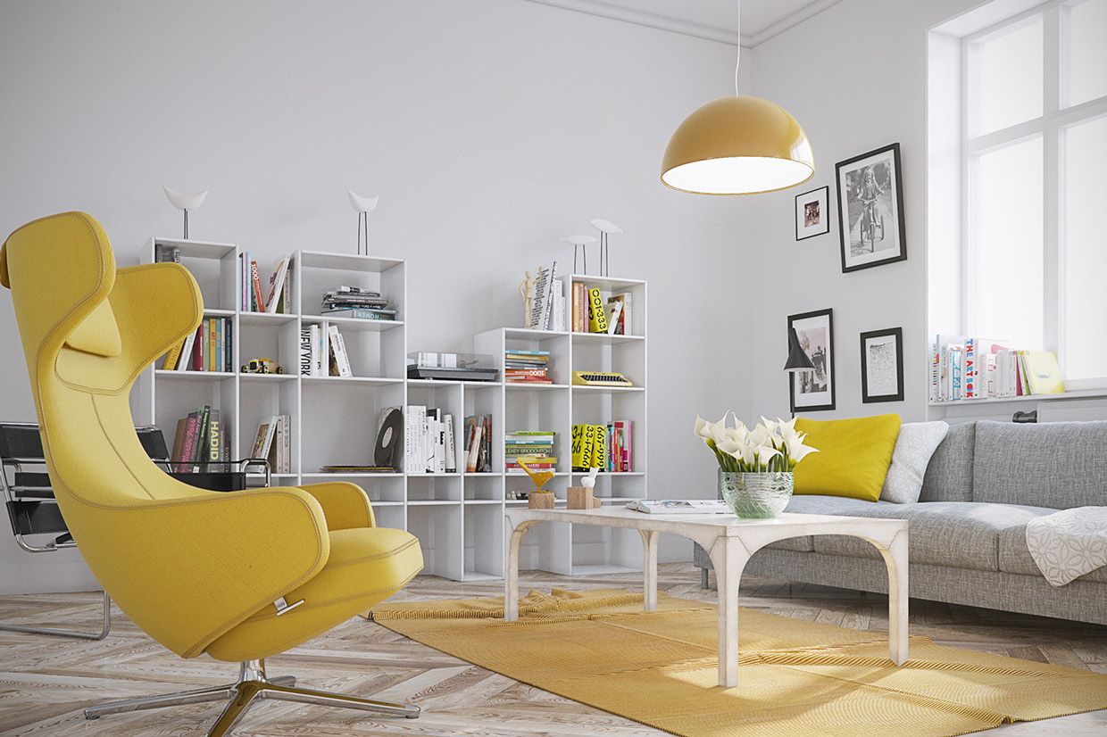 Акцент интерьера мебель Mellow Yellow: 7 Soothing Apartments with Sunny Accents Ev iç mekanları, Ev deko