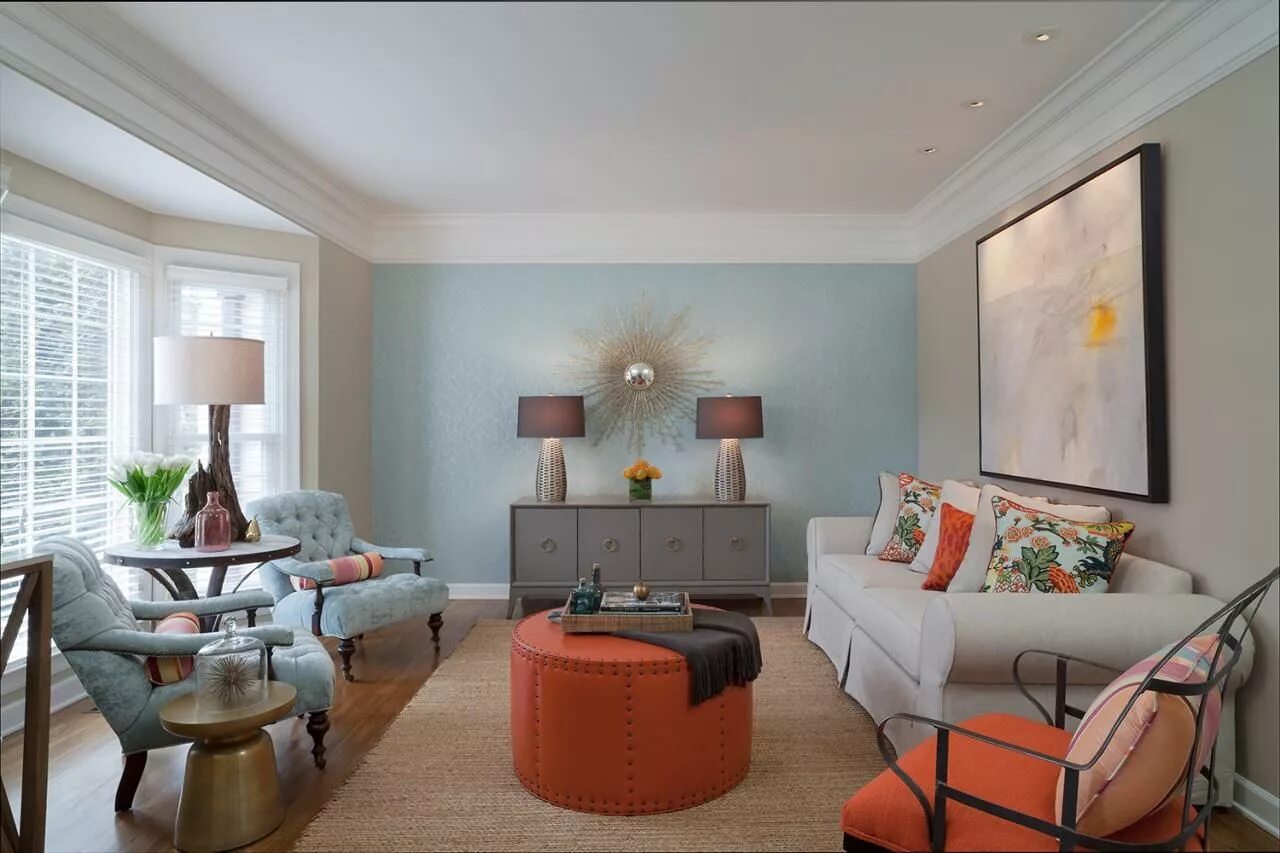 Акцент стены в интерьере Energetic Transitional Living Room With Blue Accent Wall Blue accent wall living