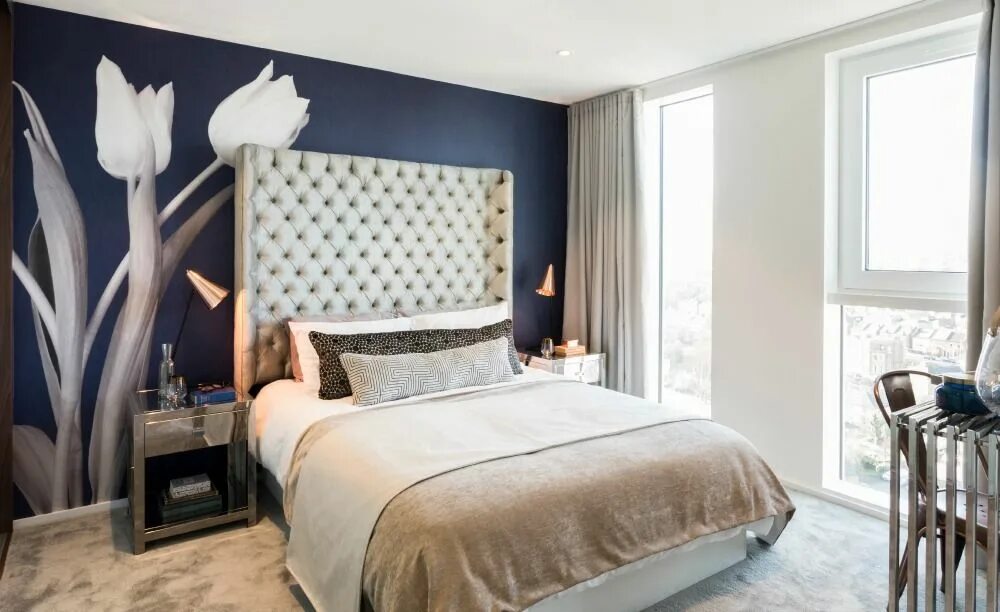 Акцентная стена в интерьере спальни A Luxury and Eclectic Look at The Filaments in Wandsworth Master bedroom design,
