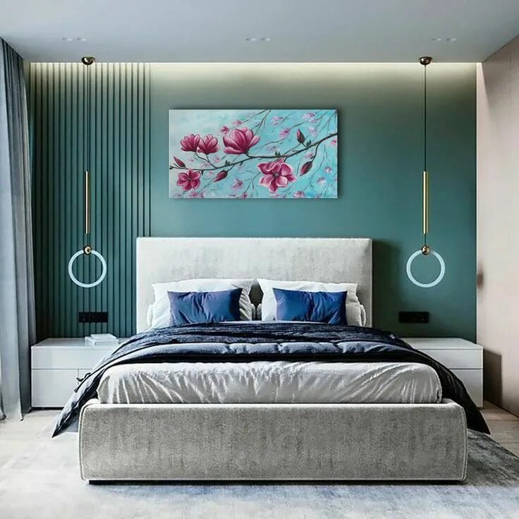 Акцентная стена в спальне изголовье кровати фото Romantic Wall Art Large Painting on Canvas Magnolia Branch With Pink Flowers - E