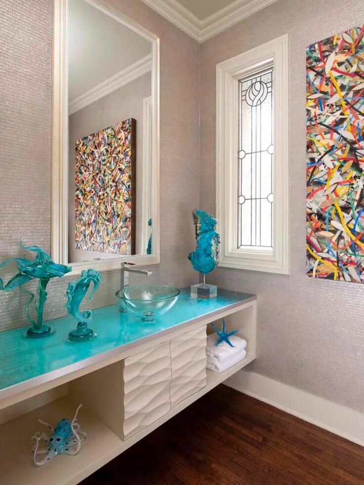 Акцентная стена в ванной комнате фото Sea Inspired Powder Room Contemporary powder room, Powder room, Bathroom design