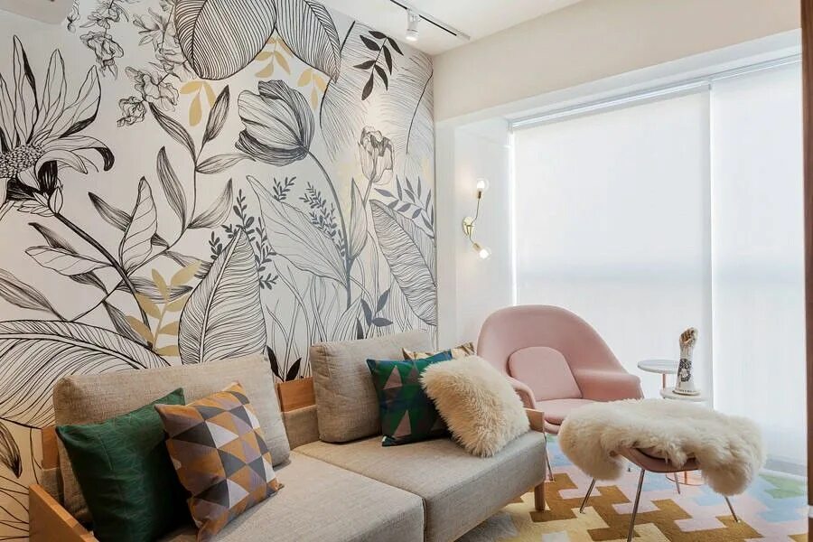 Акцентные обои в интерьере 32m² e Muito Aconchego - Casa de Valentina Home wallpaper, Living room decor, Li