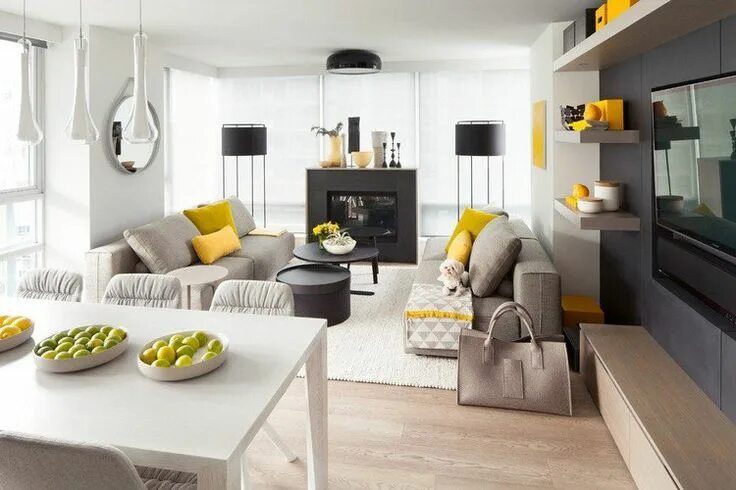 Акценты в интерьере гостиной deco-salon-gris-blanc-bois-table-blanc-neige-coussins-jaunes Idee deco salon gri