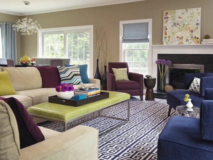 Актуальные цвета в интерьере modern living room by Rachel Reider Interiors taupe with vivid colours Colorful 