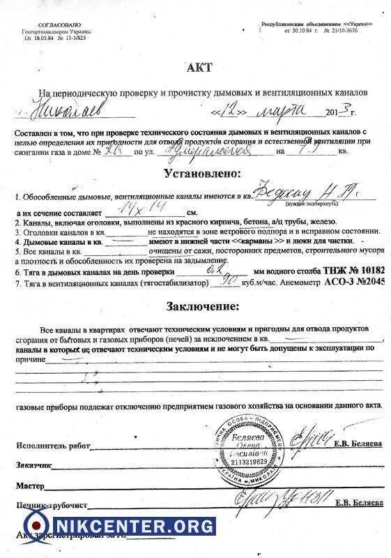 Акты на вентиляцию для подключения газа Акты проведения очистки вентиляционных камер