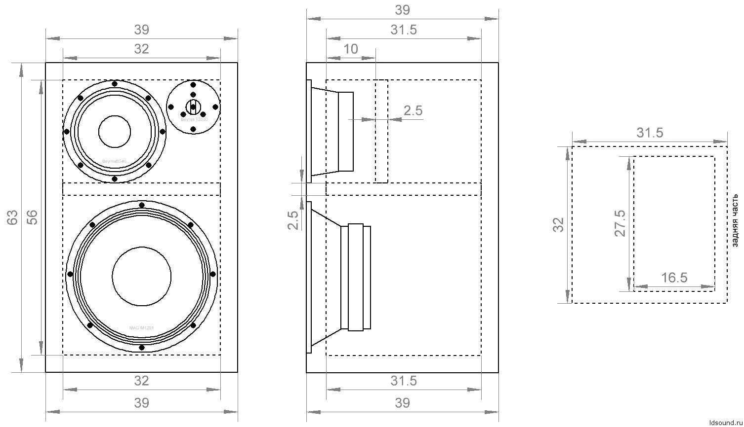 Акустика для дома чертежи Проект 3-х полосной АС (MAG M1201 + Beyma 8G40 + Beyma T2030) ldsound.info