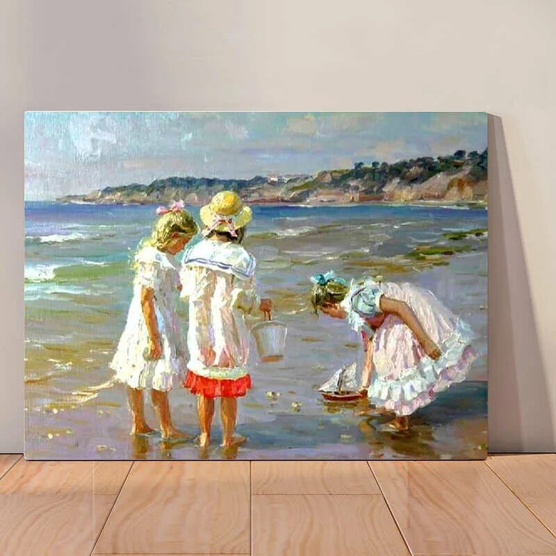 Александр аверин фото Картина Три девочки запускают кораблик , 40x30 см, картина на холсте на деревянн