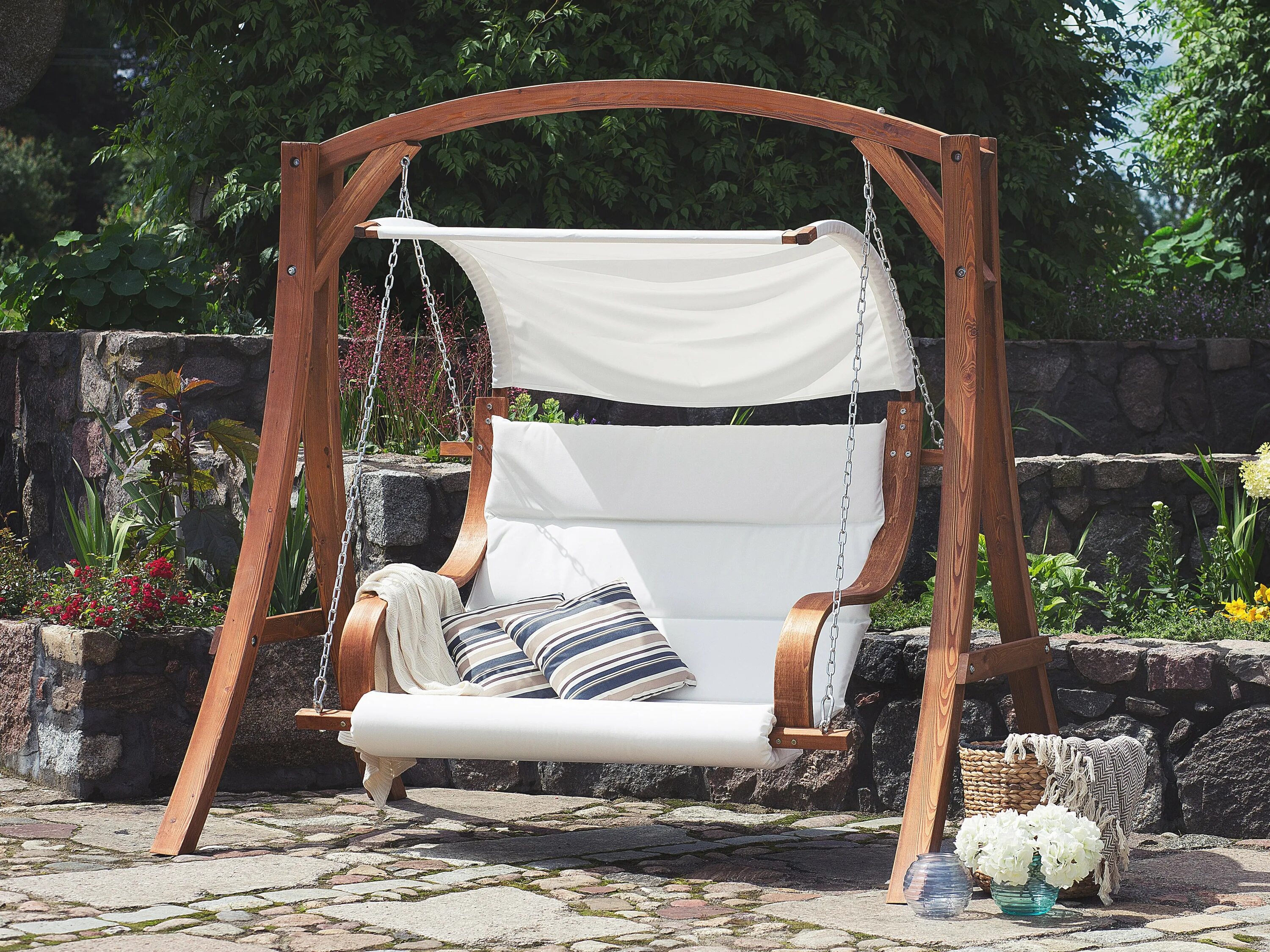 Качели на участке фото Dakota Fields Lenore 2 Person Solid Wood Porch Swing with Canopy Wayfair.co.uk