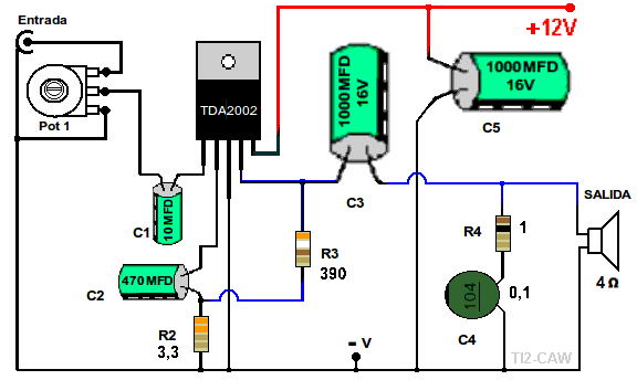 Качественный усилитель звука своими руками схема Dibujo de componentes del TDA2002 Amplificador de audio, Amplificadores de audio