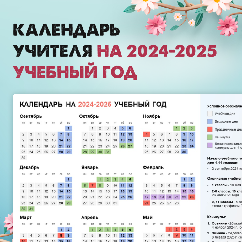 Каникулы 2024 2025 производственный календарь Шаблон календаря учителя на 2024-2025 учебный год (при пятидневной учебной недел