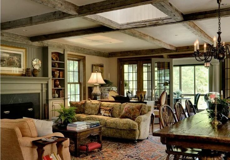 Кантри в интерьере квартиры Перекрестия из потолочных балок English cottage decor, Cottage living rooms, Rus