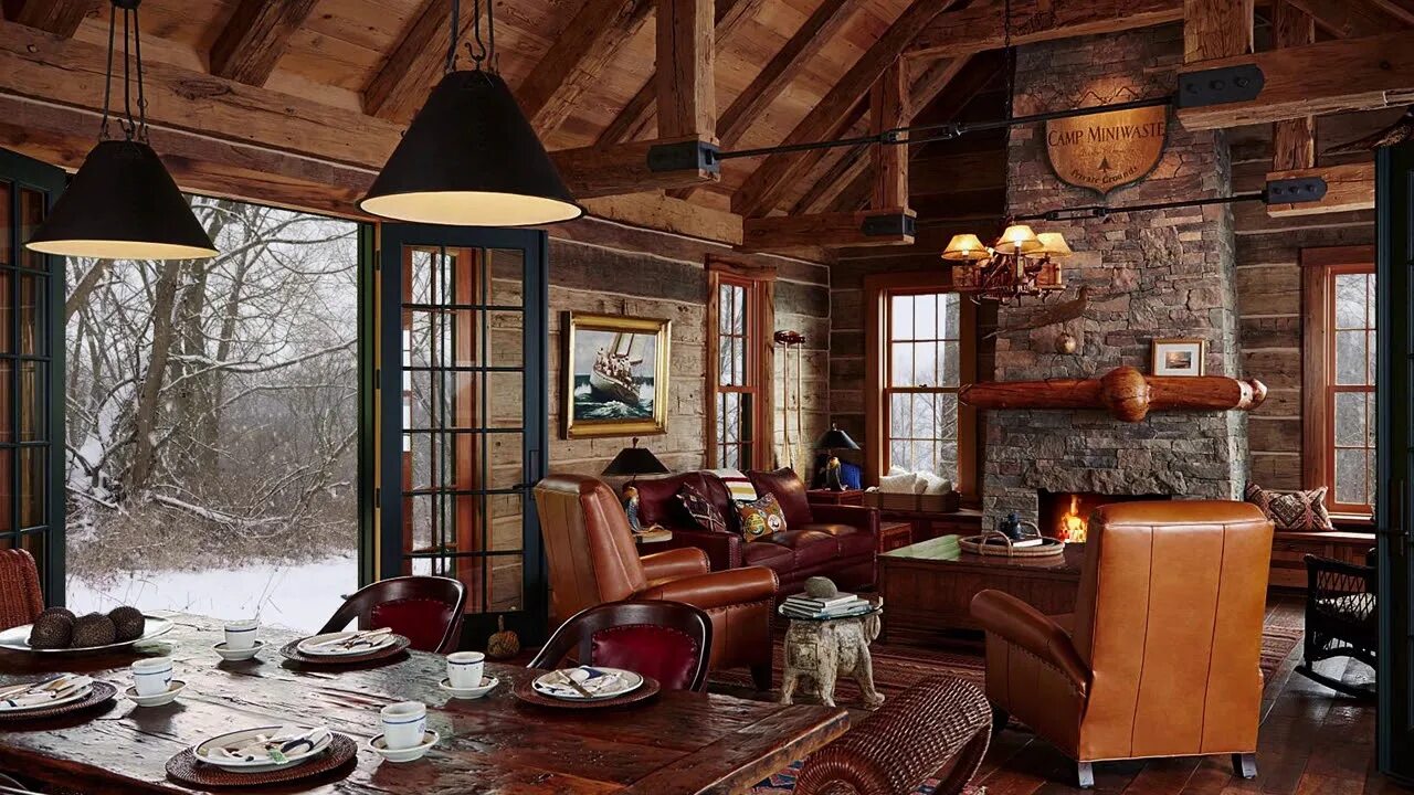 Кантри в интерьере загородного дома фото Fireplace and Crackling in a Winter House - Cozy Cabin Ambience - ASMR - YouTube