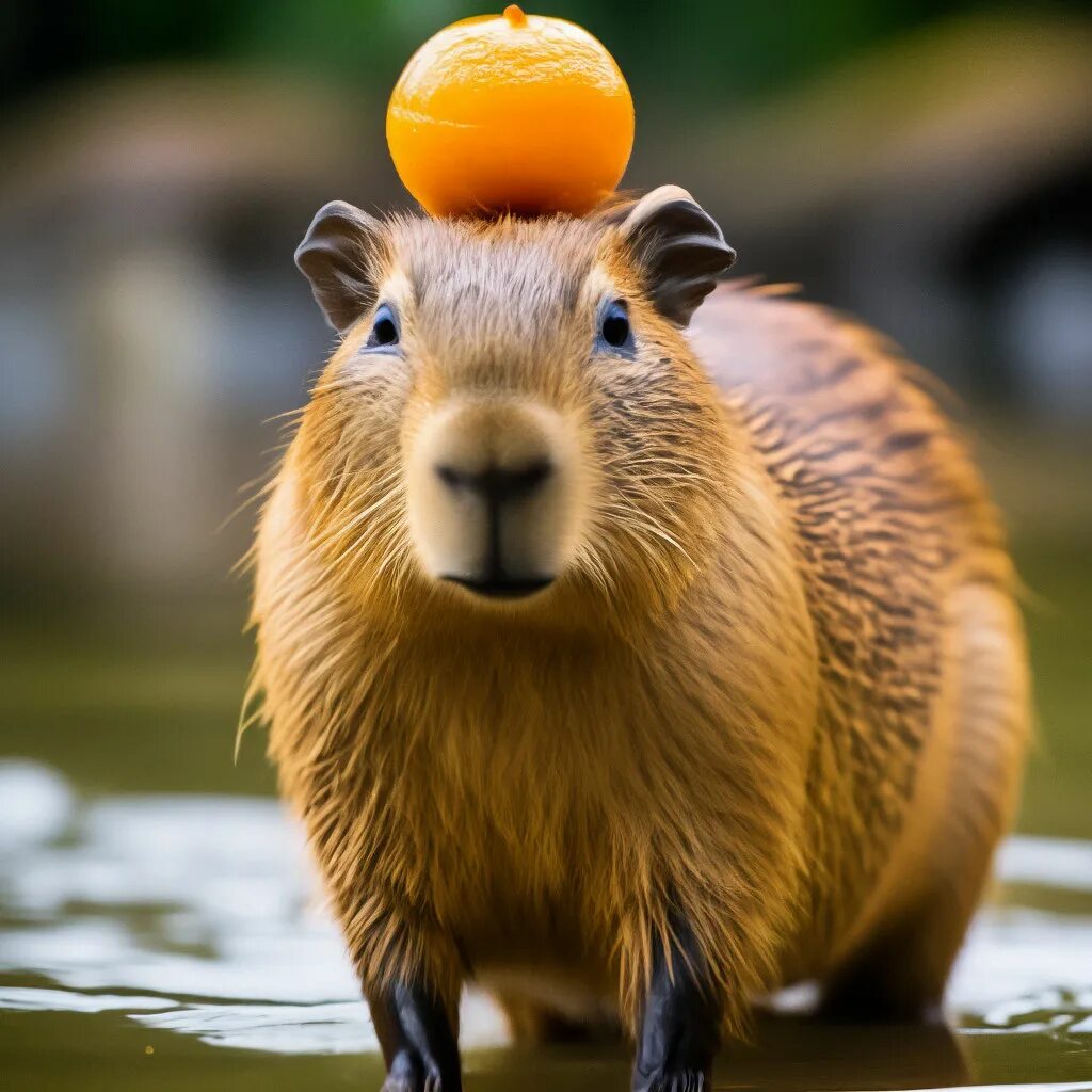 Капибара с мандарином на голове фото "A capybara with an orange on its head" - image created in Shedevrum