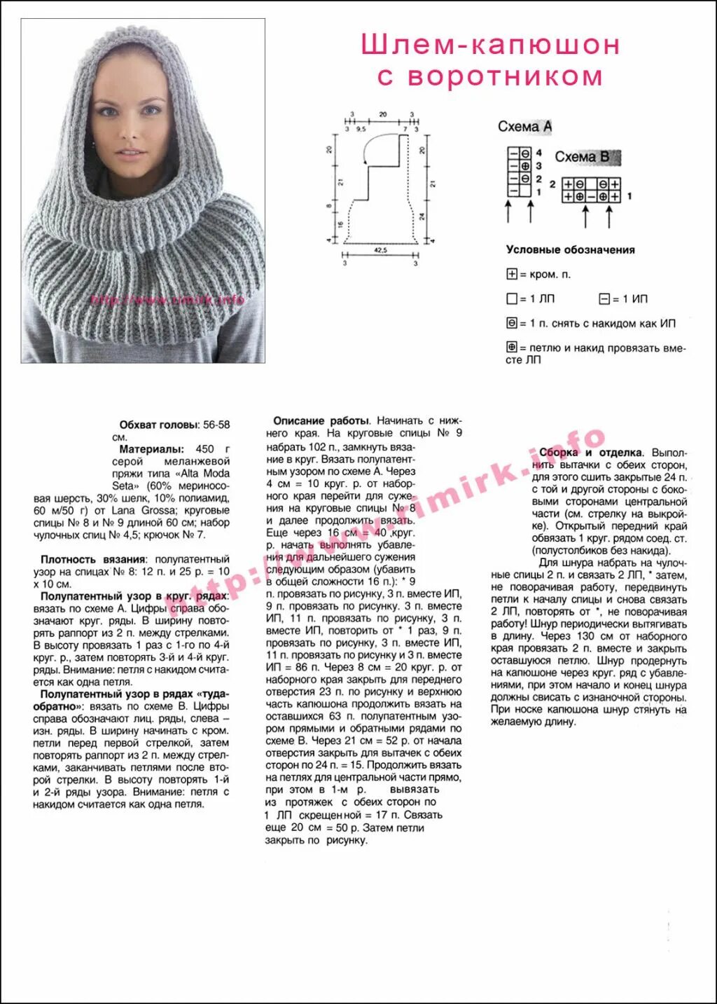 Капор спицами схема Капюшон спицами для женщин схема и описание