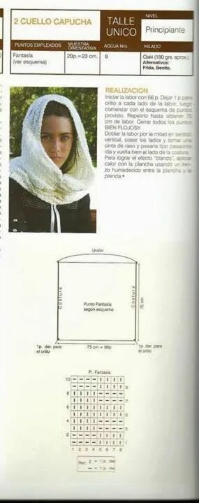 Капор связать крючком схема Patrón: cuello capucha super express en dos agujas Cuello capucha, Capucha de ga