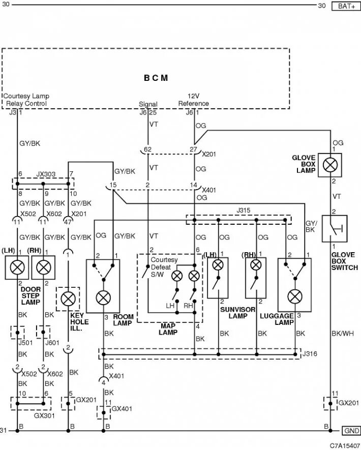 Каптива электросхемы Interior lighting circuit (Chevrolet Captiva 1 2006-2018: Electrical equipment: 