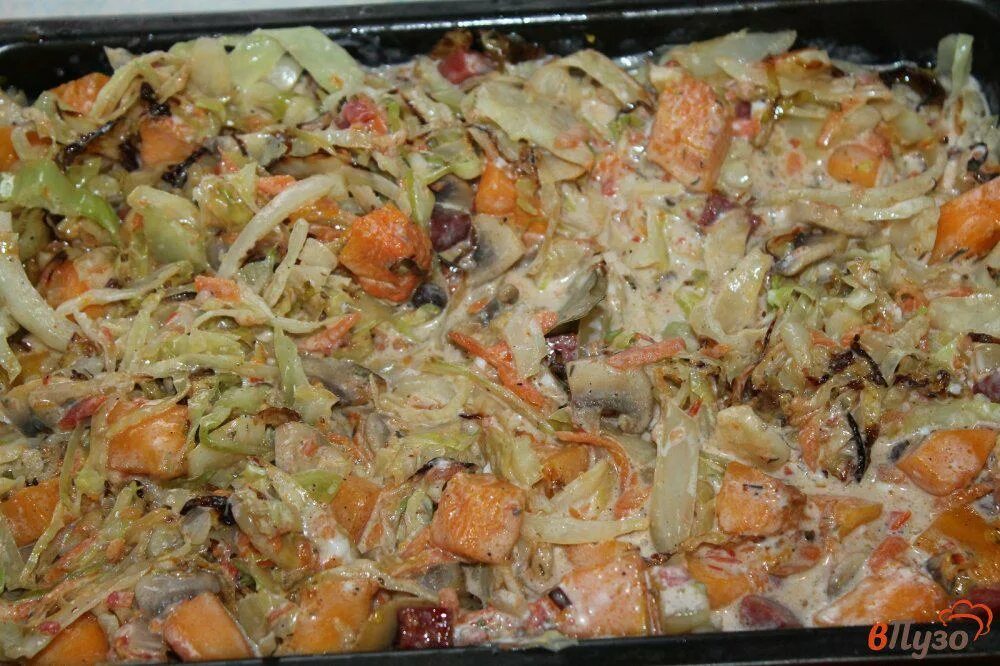 Капуста тушеная в духовке рецепты фото Тушеная капуста с грибами, тыквой и копченой колбасой в духовке - рецепты с фото